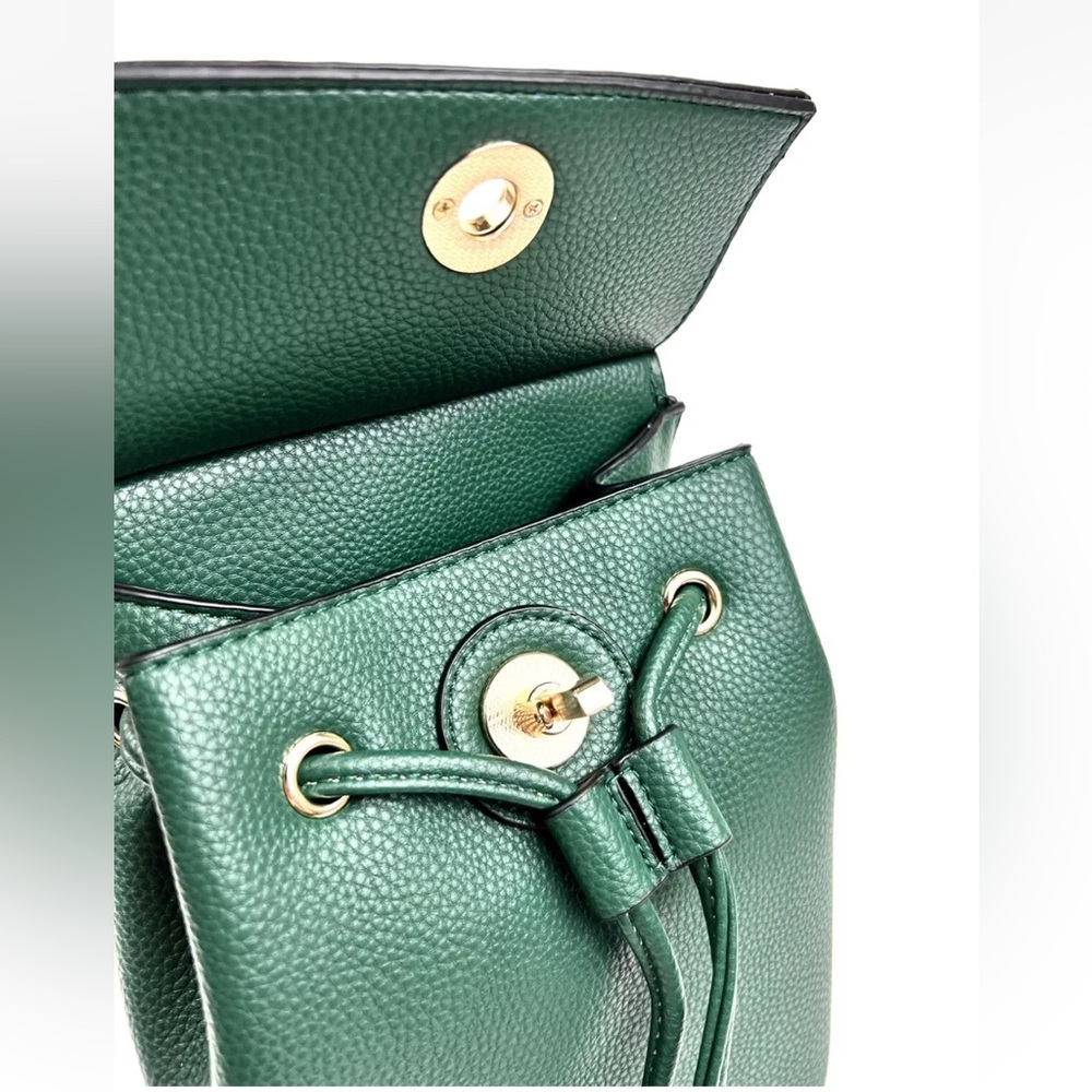 Green Leather Backpack Minimal Gold Hardware New - Picture 4 of 7